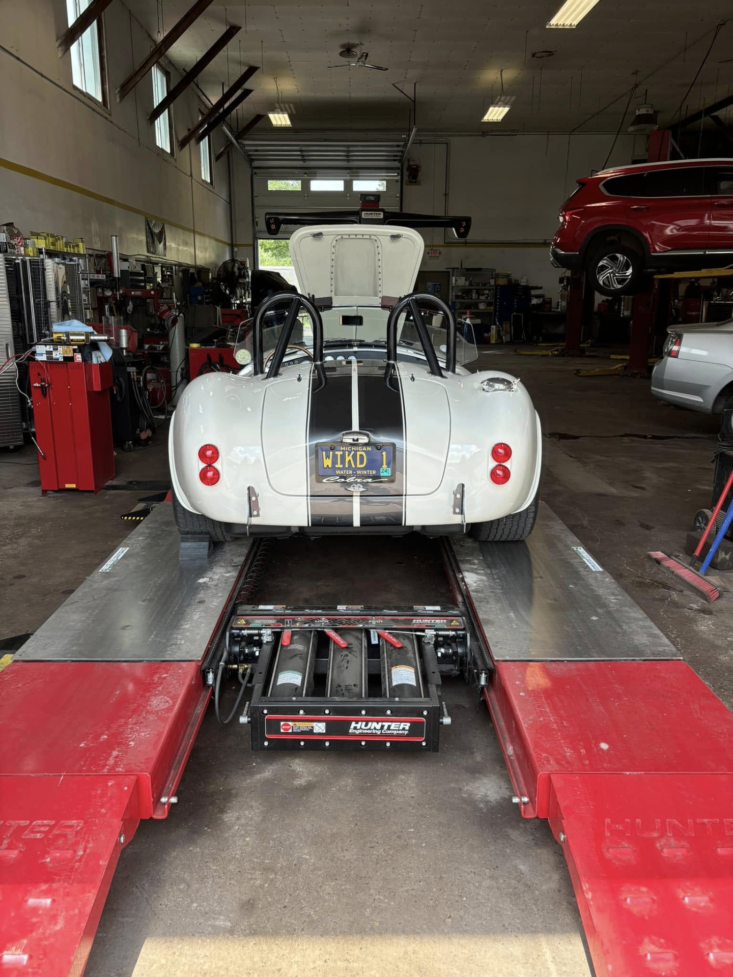 Shelby Cobra on the Hunter alignment rack at Car Repairs Inc